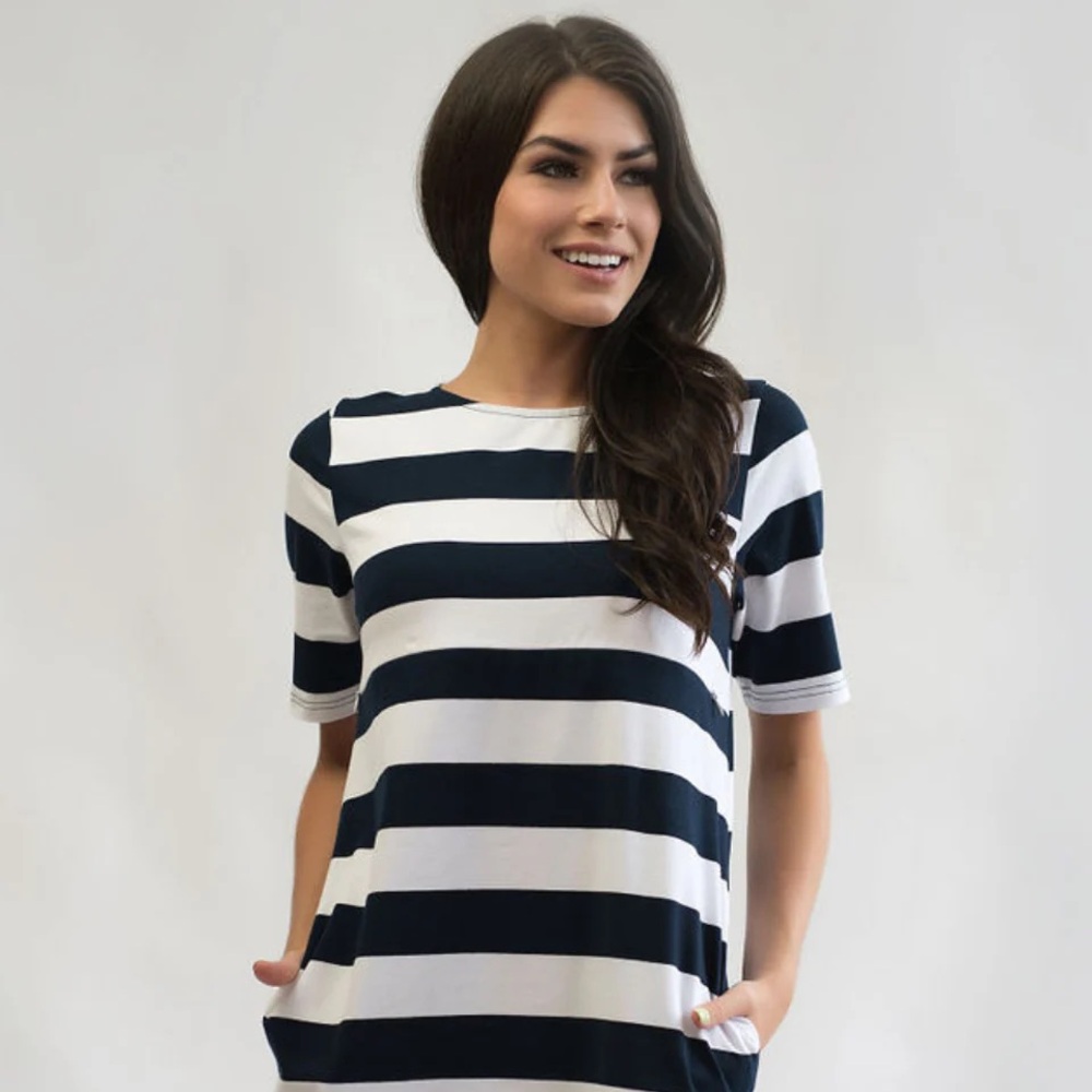 Nursing Queen Navy & White Striped Nursing Dress XS, Pockets/Stretchy